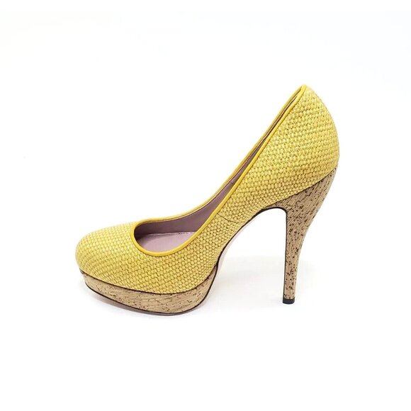 Gucci Bumblebee Woven Cork Platform Pump Stiletto Almond Round Toe Yellow US 7.5 - Picture 9 of 10
